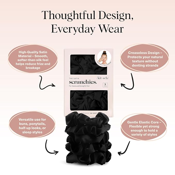 Kitsch Satin Scrunchies for Women | For All Hair Types - Black, 5pcs