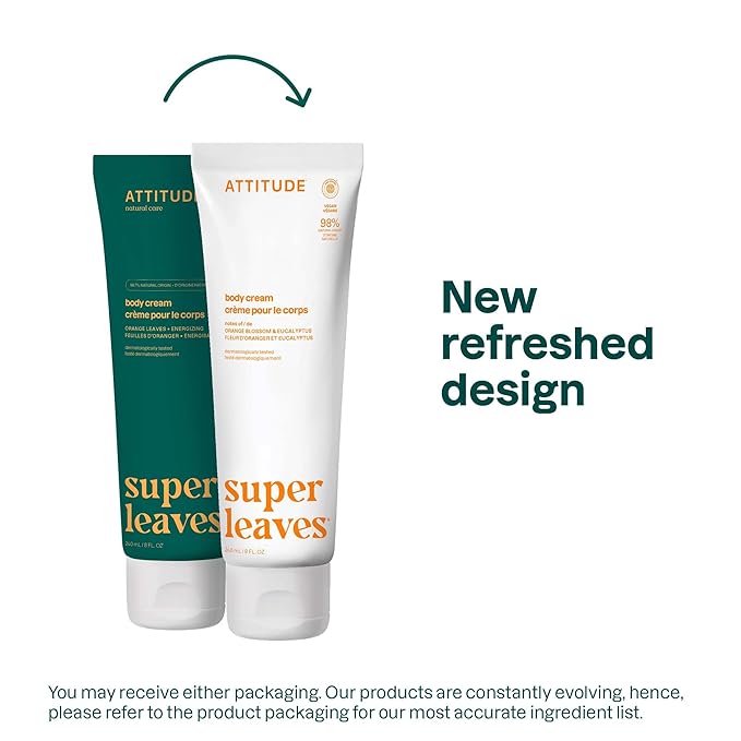 ATTITUDE Body Cream, EWG Verified, Plant- and Mineral-Based Ingredients, Vegan and Cruelty-free, Energizing, Orange Leaves, 8 Fl Oz