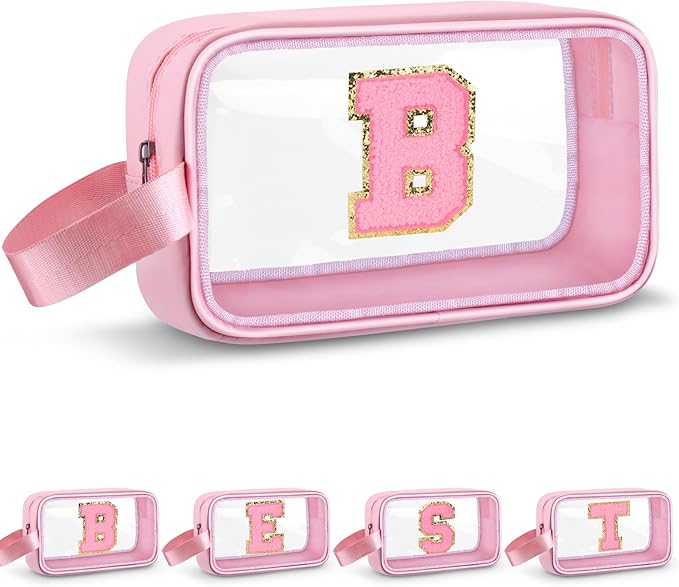 Vodolo Initial Makeup Bag,Letter B Cute Clear Monogrammed Cosmetic Travel Bag for Womens Girls,Personalized Pink Aesthetic Traveling Make Up Organizer Bag for Beach,Waterproof Toiletry Bag