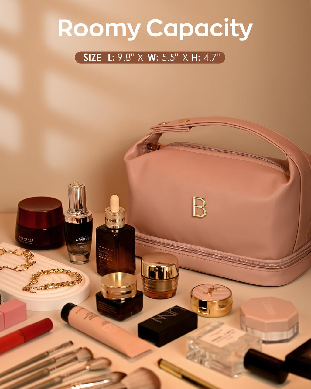 Vogewood Birthday Gifts for Mom, Personalized Makeup Bag with Handle, Initial Double Layer Cosmetic Bag with Makeup Brush Organizer, Pink Gift Bags Travel Toiletry Bag, Gifts for Friends Female Mom