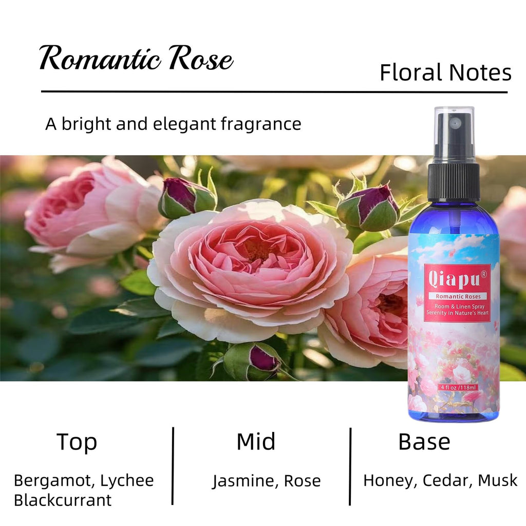 Natural Bedroom Linen Spray Scented Room Mist with Plant Extracts Long Lasting Freshness for Sheets, Pillows & Curtains –Ebony Agarwood + Misty Forest + Chamomile + Romantic Rose 4oz（4 Bottle）