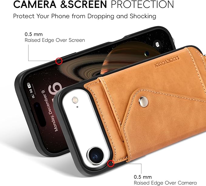 LUCKYCOIN Crossbody Phone Case for iPhone Air,100% Genuine Leather Phone Wallet Case for Women,Fashion Premium Hands-Free Phone Purse with Expandable Flip Card Holder & Adjustable Strap - Retro Tan