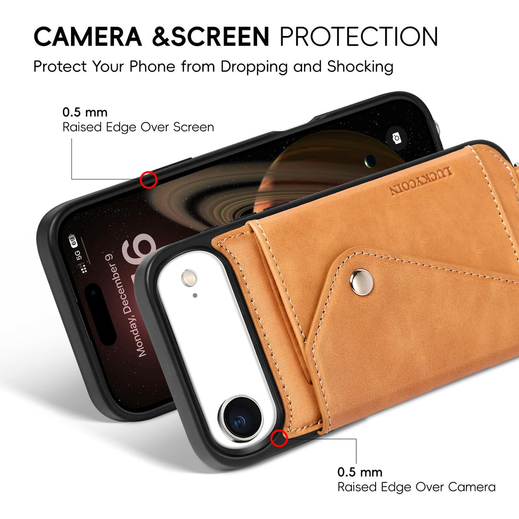 LUCKYCOIN Crossbody Phone Case for iPhone Air,100% Genuine Leather Phone Wallet Case for Women,Fashion Premium Hands-Free Phone Purse with Expandable Flip Card Holder & Adjustable Strap - Retro Tan