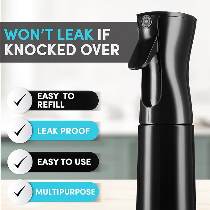 Hula Home Spray Bottle for Hair (10.1oz/300ml) - Continuous Ultra Fine Mist Sprayer – For Hairstyling, Cleaning, Salons, Plants, Essential Oil & More - Black