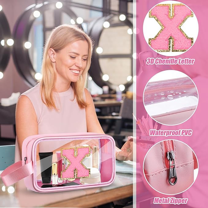 Initial Makeup Bag,Letter X Cute Clear Monogrammed Cosmetic Travel Bag for Womens Girls,Personalized Pink Aesthetic Traveling Make Up Organizer Bag for Beach,Waterproof Toiletry Bag