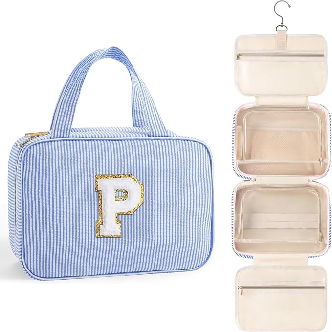 TOPEAST Hanging Toiletry Bag for Women - Travel Initial Toiletry Bag, Portable Toiletries Makeup Pouch, Airplane Travel Essentials - Letter P, Blue