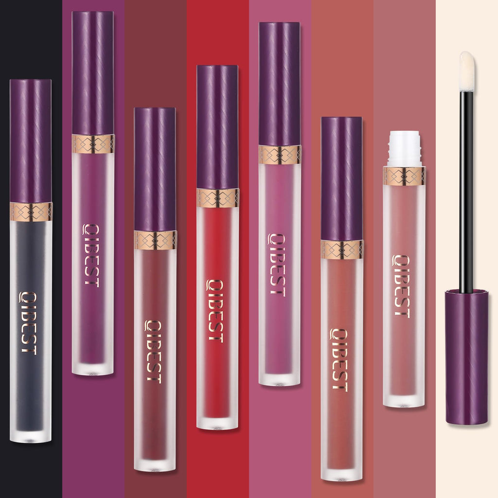 QiBest 7Pcs Matte Liquid Lipstick wiith 1Pc Lip Plumper Makeup Set, Dark Black Purple Lipstick Goth Halloween Lip Set Waterproof Lip Gloss Kit Pigmented Long Lasting Lipstick Makeup for Women & Girls