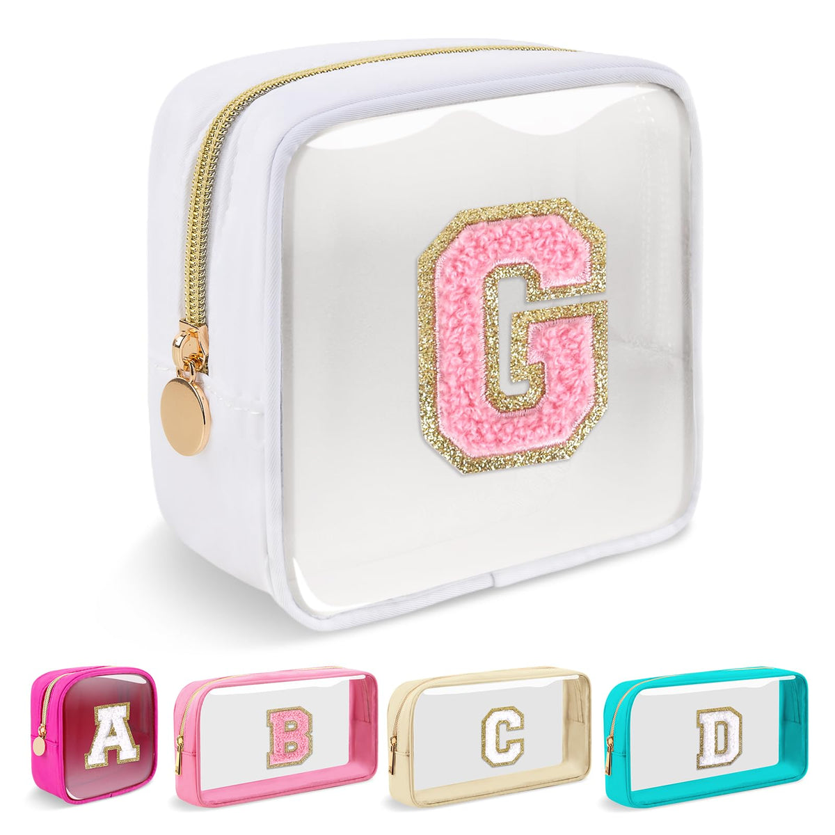 Small Clear Personalized Initial Makeup Bag,Nylon Preppy A-Z Chenille Letter Patch Cosmetic Pouch Beach Toiletry Bag,Waterproof Zipper Travel Purse Storage Bag Organizer for Women Girls(Pink-Pink G)