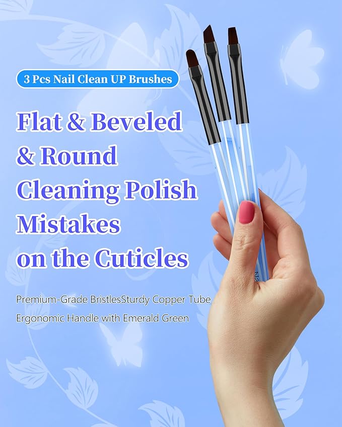 AMilHiTon 3PCS Nail Polish Clean Up Brush, Round/Flat/Angled, Marble Blue