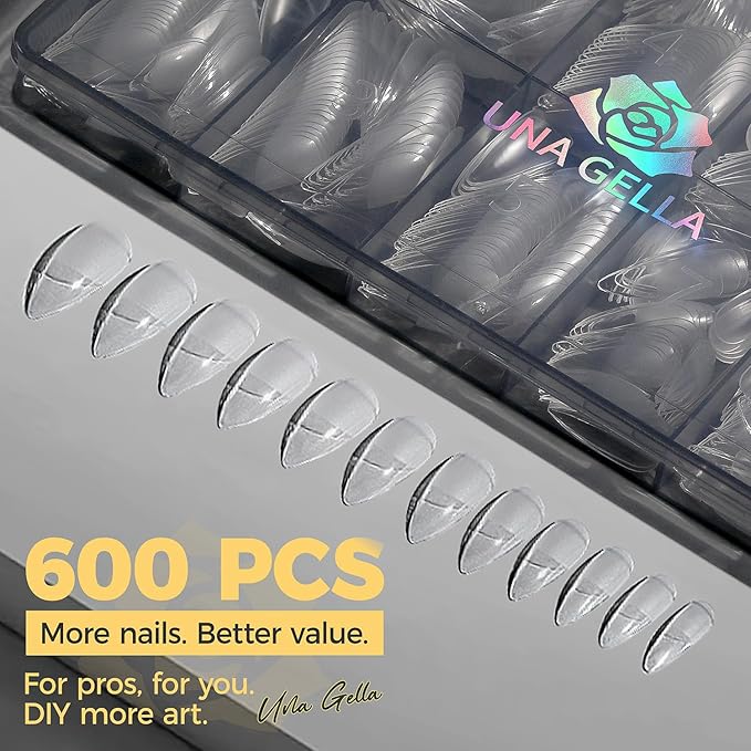 UNA GELLA 600Pcs Medium Stiletto Gel Nail Tips, Pre Etched Medium Stiletto Press on Nails & Sharp Almond Shape Full Cover Soft Gel Nails Tips for Nail Extensions DIY Art Salon 12 Sizes at Home