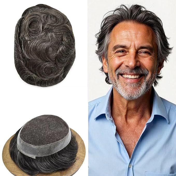 F M FACE MIRACLE NEW YORK Toupee for Men French Lace Human Hair Replacement Systems Lace Center with Poly Around Hairpiece Mens Toupee V-Looped Front Male Hair Units 6"X9" #230