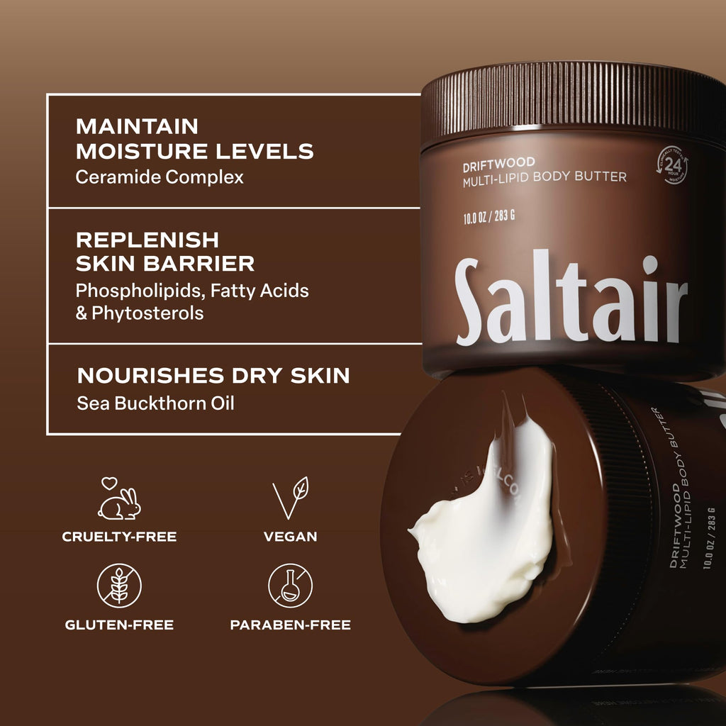 Saltair Multi-Lipid Body Butter – Hydrating 24-Hour Moisture – Body Cream for Soft Skin & Barrier Support – Ceramides, Coconut Oil & Shea Butter for Dry Skin Care – Driftwood, 10oz