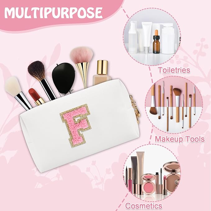 Small Initial Preppy Makeup Bag, Personalized Travel Cosmetic Organizer Chenille Letter White Toiletry Zipper Pouch, Portable Waterproof Makeup Case Gifts for Friends Female Friendship(Letter F)