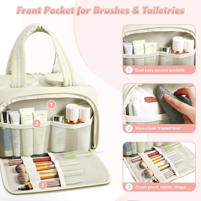 todbown Travel Toiletry Bag:  Large Capacity, 4 Compartments, Wet/Dry Separation, Ultra-Soft Lightweight Fabric & Anti-Spill Design for Travel,Gym,Gift(11.8" L) (Off-White)