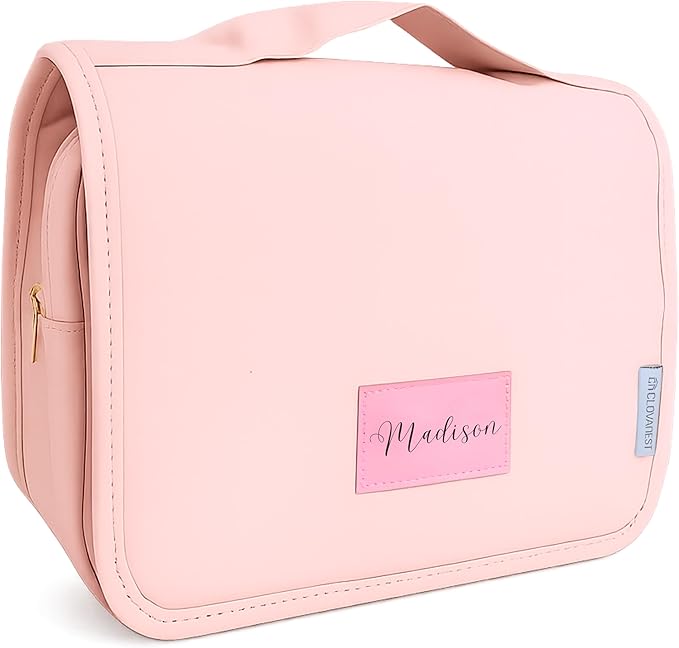 Personalized Vegan Leather Travel Toiletry Bag for Women, Water Resistant Hanging Toiletry Organizer with Hook, Custom Name Gift, Bridesmaid Wedding Travel Gift, Birthday Gift for Her, Mothers day