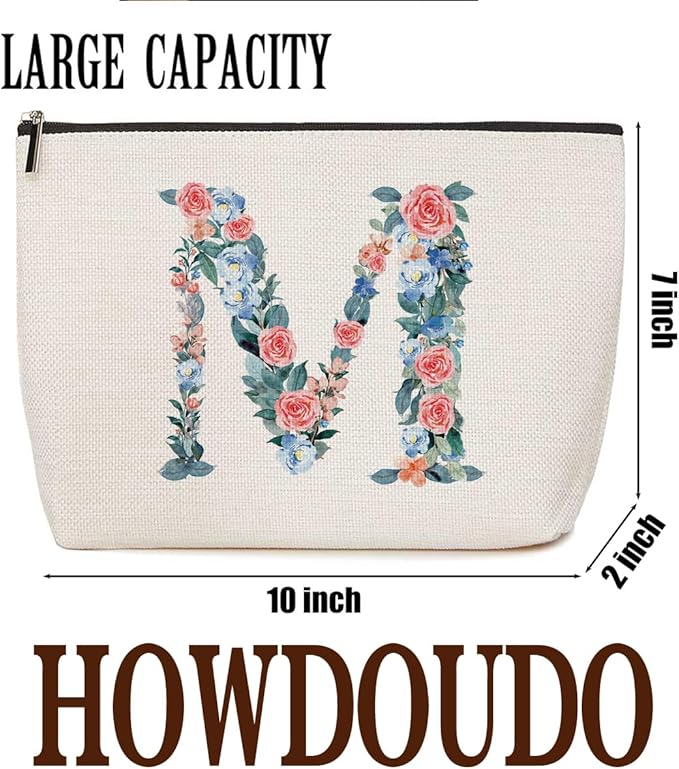 Personalized Initial Letter M Makeup Bag Floral Travel Cosmetic Bag