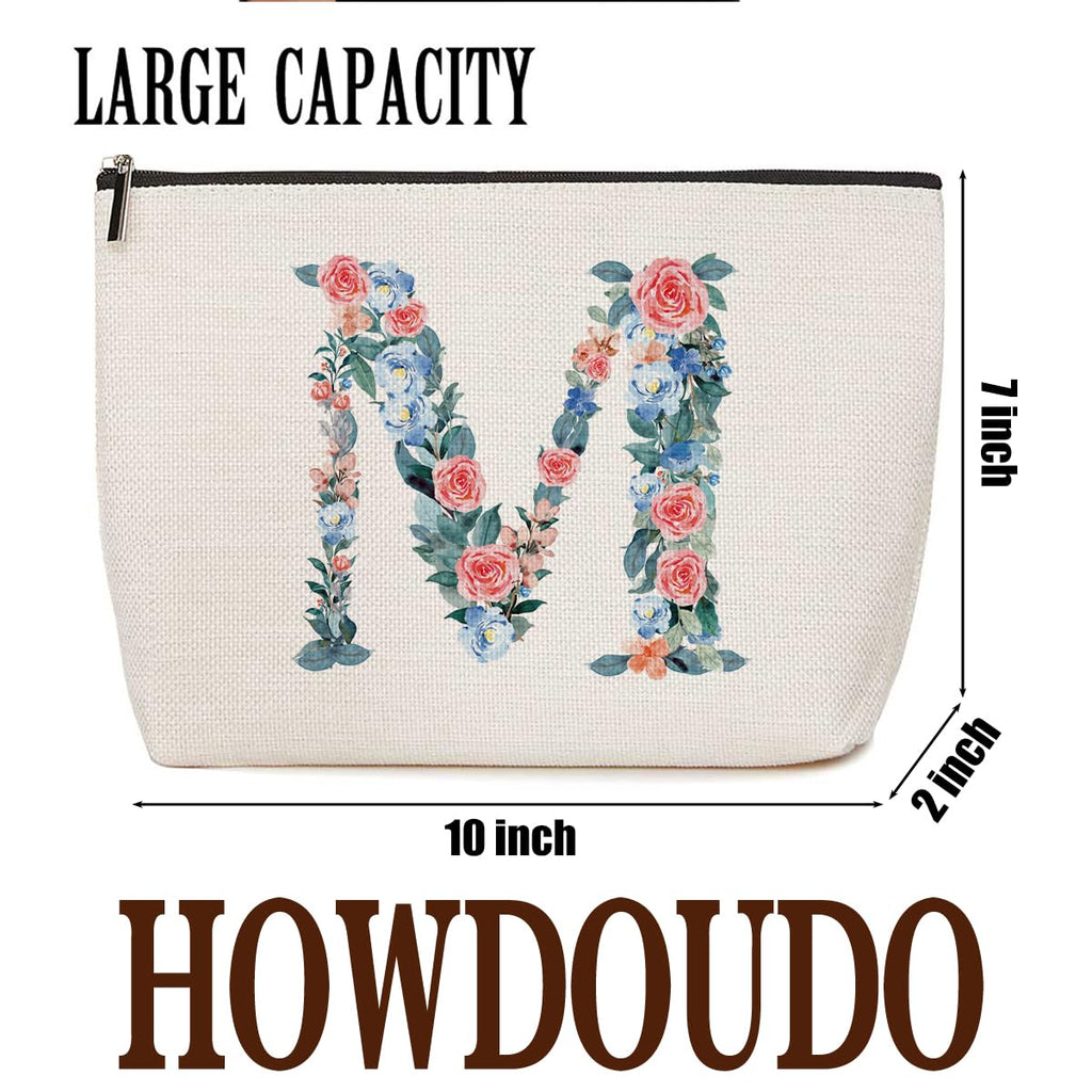 Personalized Initial Letter M Makeup Bag Floral Travel Cosmetic Bag