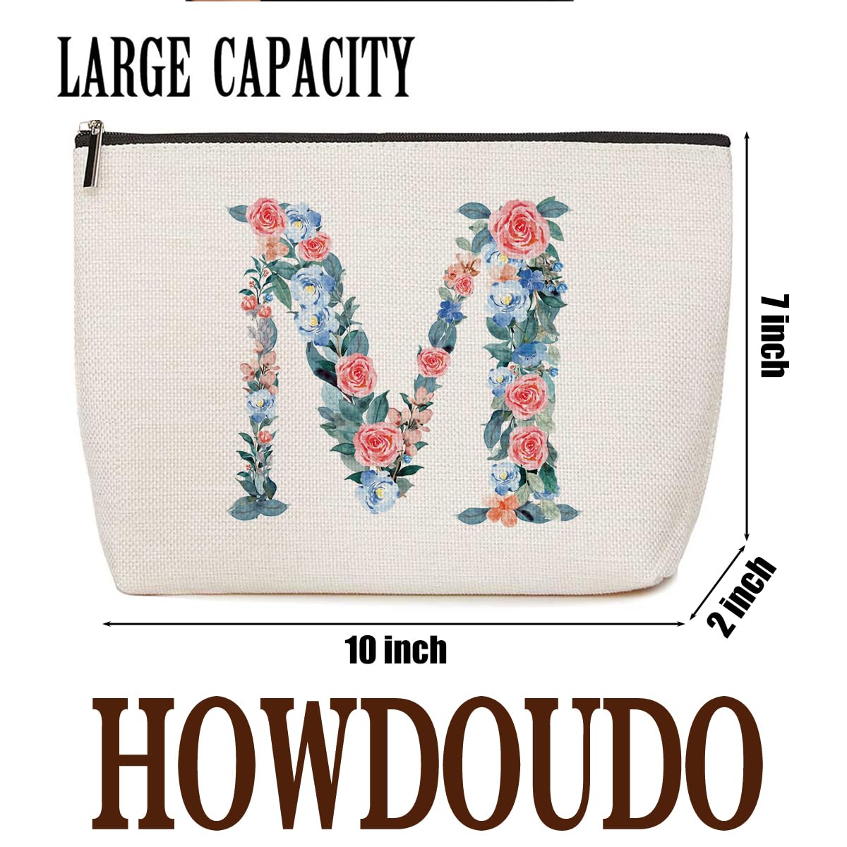 Personalized Initial Letter M Makeup Bag Floral Travel Cosmetic Bag