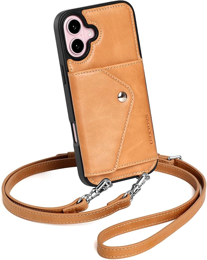 LUCKYCOIN Crossbody Phone Case for iPhone 16 Plus,100% Genuine Leather Phone Wallet Case for Women, Premium Hands-Free Phone Purse with Expandable Flip Card Holder & Adjustable Strap - Retro Tan