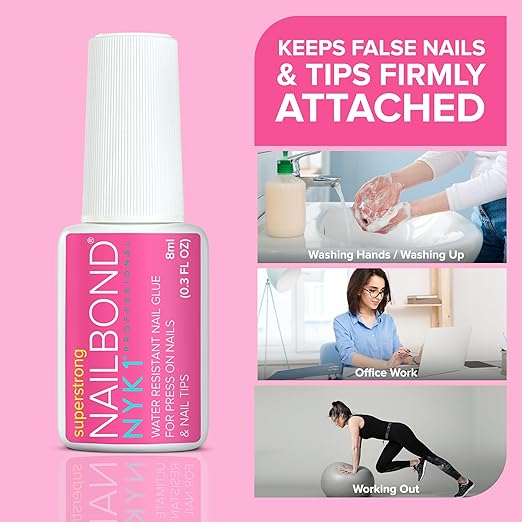 Super Strong Nail Glue for Press On Nails, Nail Tips & Acrylic Nails (8ml) NYK1 NailBond Brush On Glue for Press Ons, Tips & Acrylics - Long Lasting, Maximum Strength, Mess-Free Application