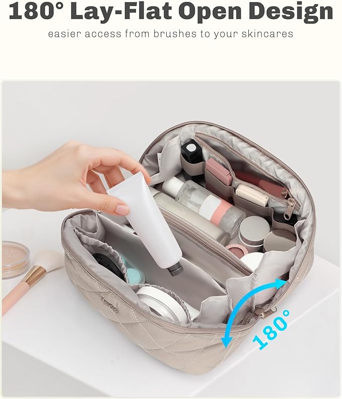 Hynes Eagle Travel Makeup Bag for Women Puffy Cosmetic Organizer Pouch Open Flat Toiletry Bag for Toiletries, Brushes Camel