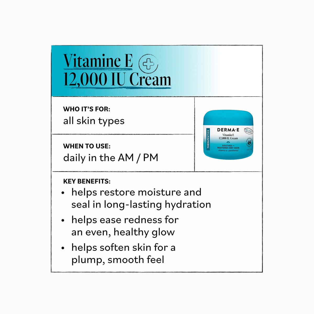 DERMA E Vitamin E Cream 12,000 IU Face Cream, 4 Oz Soothing & Protecting