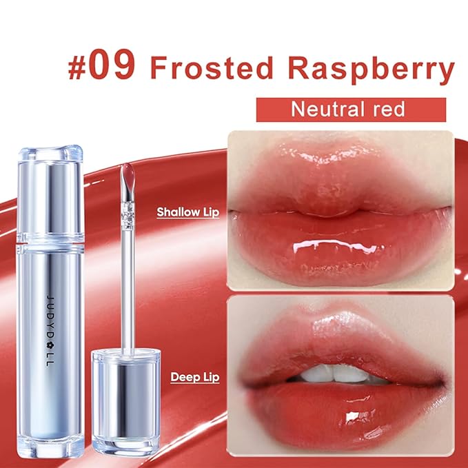 JUDYDOLL Ice Watery Lip Gloss, Moisturizing Liquid Lipstick with Hyaluronic Acid& Collagen, Non-sticky, No transfer Long-lasting Mirror Lip Glazes with Iron Applicator (#09 HAWTHORN COLD BREW)