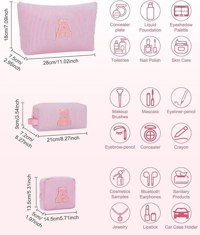 MONSTINA Initial Makeup Bag,Monogram Cosmetic Pouch,Personalized Make Up Case for Girlfriend Graduation Teacher Gifts,Cute Toiletry Bag Preppy Chenille Letter Patch,Pink A
