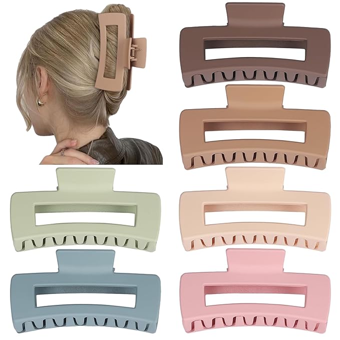 Sisiaipu 4 Inch Big Hair Claw Clips 6 Pcs Large Claw for Thick Hair Square Hair Clips for Women Rectangle Hair Clips Nonslip Acrylic Banana Jaw Clips Hair Accessories for Girls (Brown Colorful)