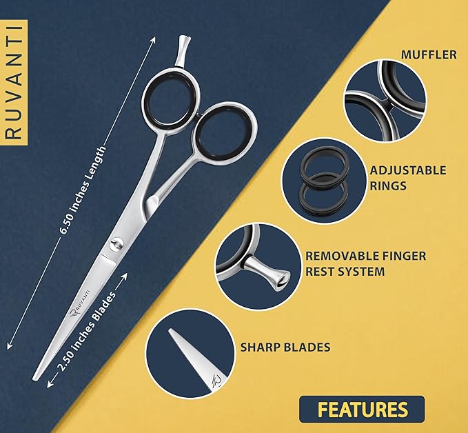 Ruvanti Hair Cutting Scissors - 6.5 Inch Sharp Hair Scissors & Haircut Scissors for Women Men Kids, Stainless Steel Scissors for Hair, Home Hair Cutting Scissors Professional with Case