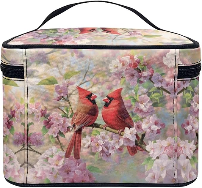 Drydeepin Cardinal Pink Cherry Blossom Print Travel Makeup Bags for Women Portable Tote Cosmetic Case with Carry Handle Toiletry Accessories Storage Organizer Bags