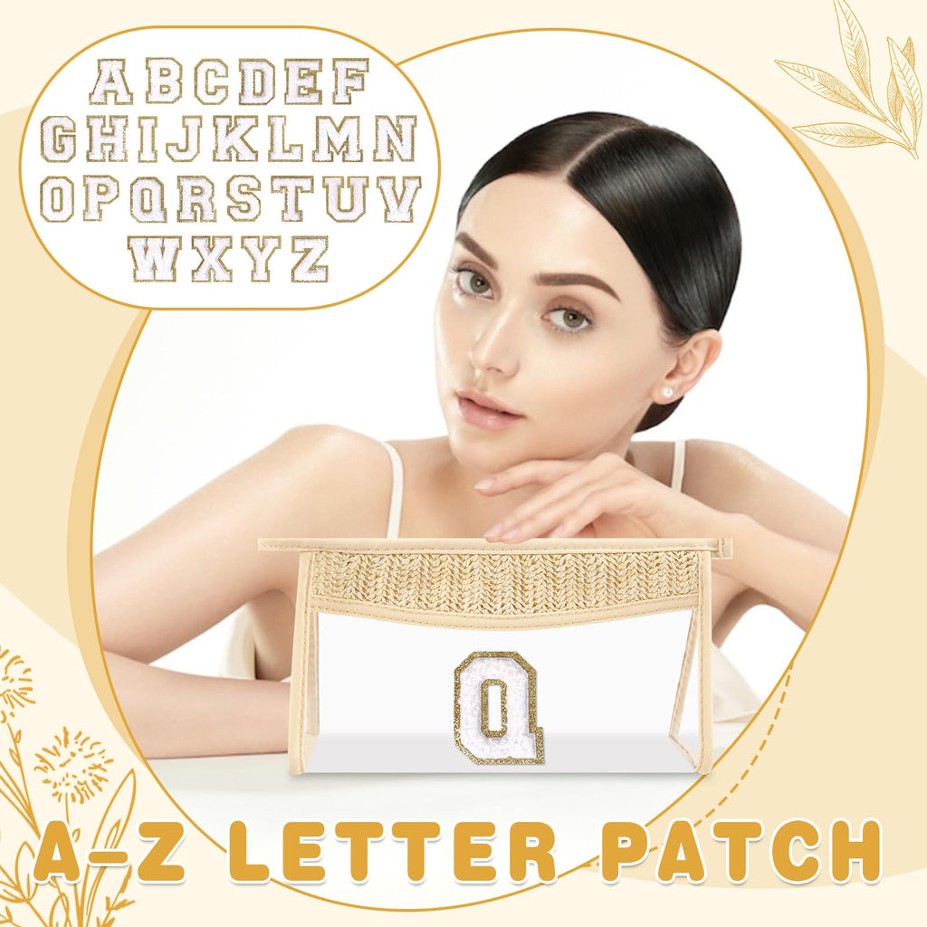 UIXIZQ Personalized Initial Letter Bag Boho Straw Clear Makeup Bag,Small Cute Chenille Varsity Letter Pouch With Zipper,Beach Travel Toiletry,Portable Monogrammed Cosmetic Bag for Women Girls,Q