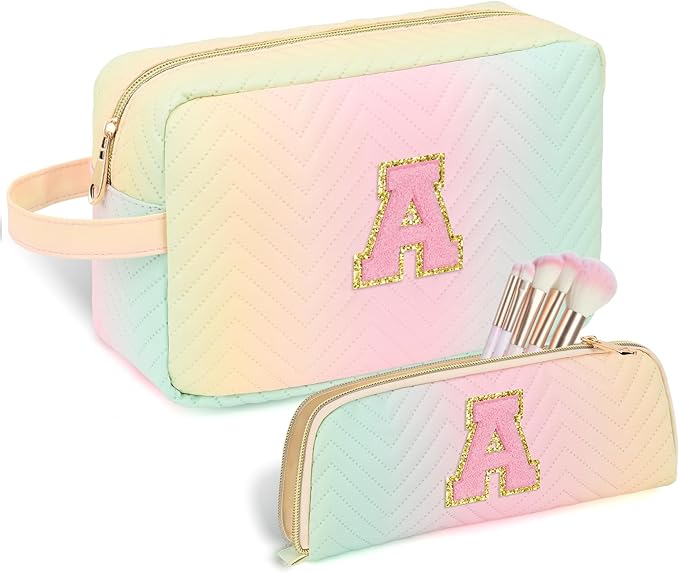 Sernaxi Personalized Initial Makeup Bag Waterproof Leather Cosmetic Bag Travel Toiletry Bag, Valentine’s Day Gift Makeup Organizer Case & Makeup Pouch for Women Teen Girls Mom Girlfriend Wife