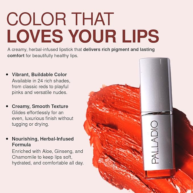 Palladio Herbal Lipstick, Rich Pigmented and Creamy, Infused with Aloe Vera, Chamomile & Ginseng, Prevents Lips from Drying, Combats Fine Lines, Long Lasting Lipstick, Rosey