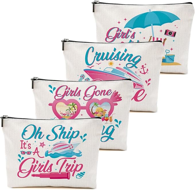 4 PCS Vacation Cosmetic Bag Girls Trip Gifts Favors, Cruise Ship Makeup Bag