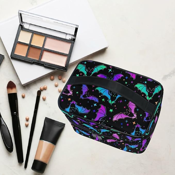 MNSRUU Goth Makeup Bag, Gothic Bats Halloween Luminous Makeup Organizer Bags Toiletry Bag Box Travel Cosmetic Bag Make Up Train Case for Women Teen Girl Ladies