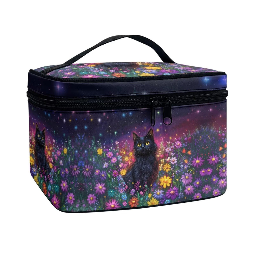 Drydeepin Black Cat Colorful Daisy Flower Print Travel Makeup Bags for Women Portable Tote Cosmetic Case with Carry Handle Toiletry Accessories Storage Organizer Bags