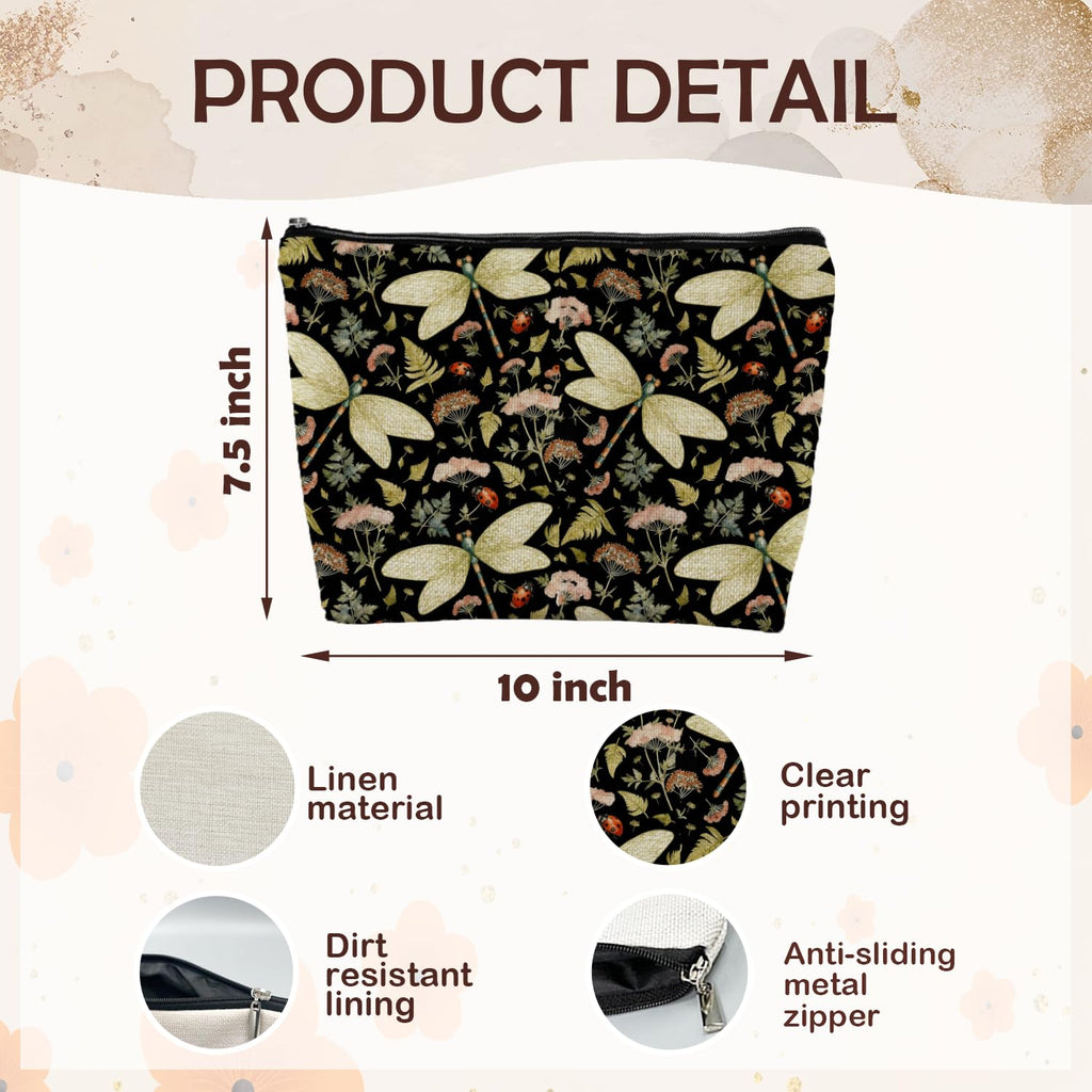 SAFDSGFDB Vintage Floral Dragonfly Makeup Bag, Dragonfly Gifts Cosmetic Bags for Women, Dark Cottagecore Floral Botanical Insects Portable Travel Toiletry Bag Zipper Makeup Pouch