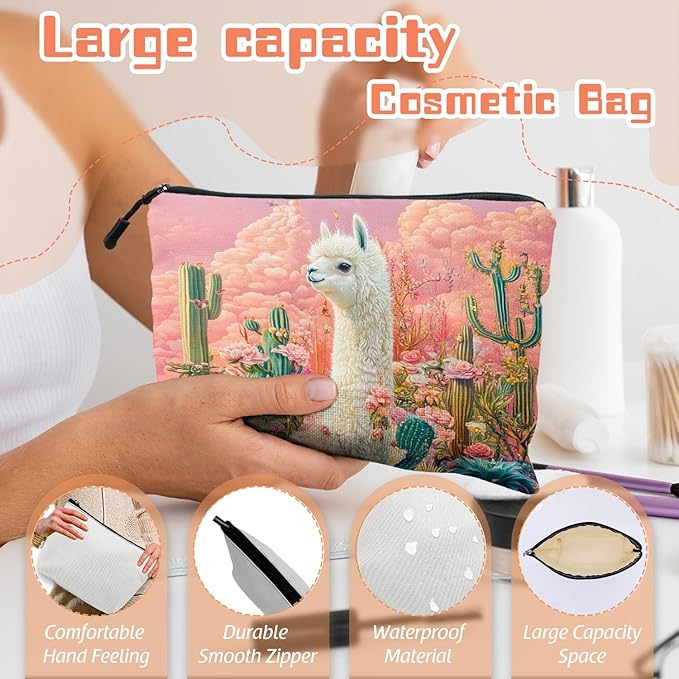 Scribesense Cosmetic Bags Travel Makeup Toilet Case Waterproof Pouch for Women Girls 6.7X9.45inches - White Alpaca Stand BetweenFlowers And Cacti