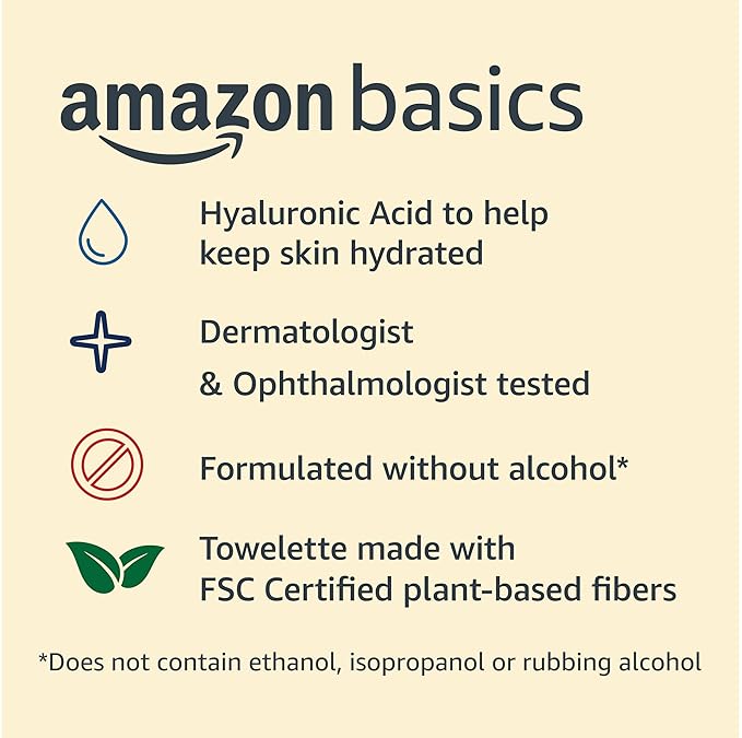 Amazon Basics Makeup Remover Wipes, Gentle Cleansing, Dermatologist Tested, Hydrating with Hyaluronic Acid, Plant Based, Alcohol-Free, Removes Waterproof Mascara, Facial Cleansing, 25 Count