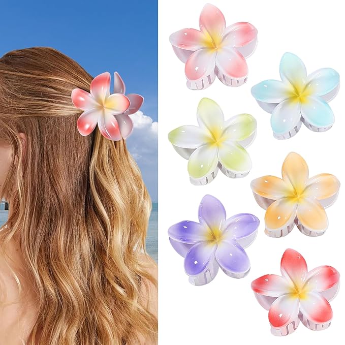 CHANDAT Flower Hair Clips 6 PCS Hawaiian Claw Clips for Vacation Hibiscus Hair Claw Clips Cute Large Hair Clips for Thick and Thin Hair Plumeria Hair Accessories for Women Girls -Light Petal