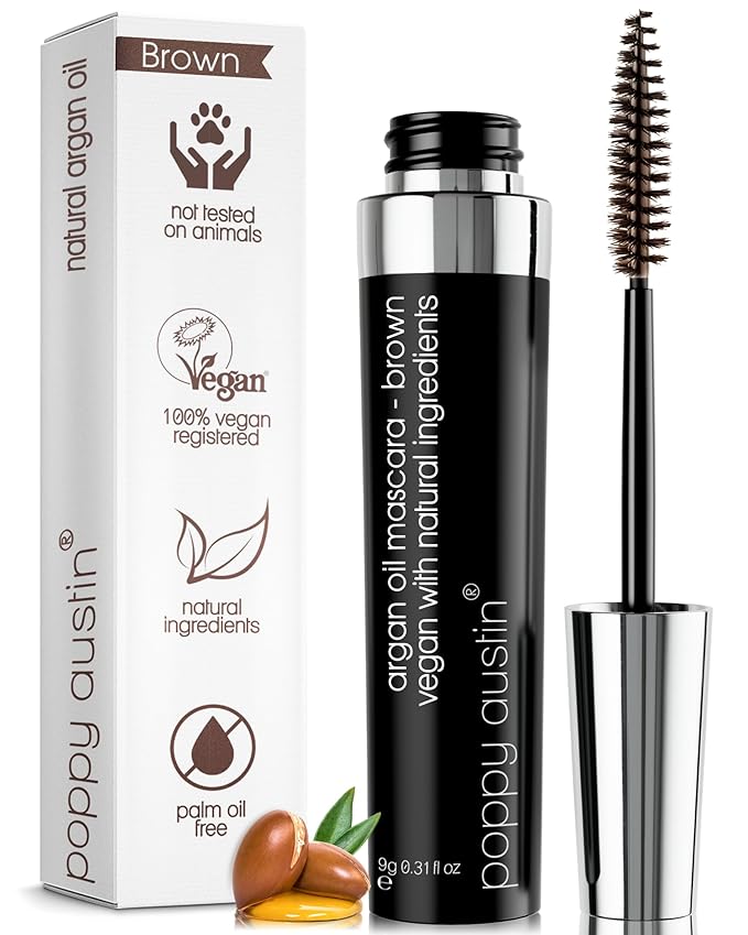 Poppy Austin Organic Brown Mascara, Hypoallergenic, Waterproof, 0.31 Fl Oz