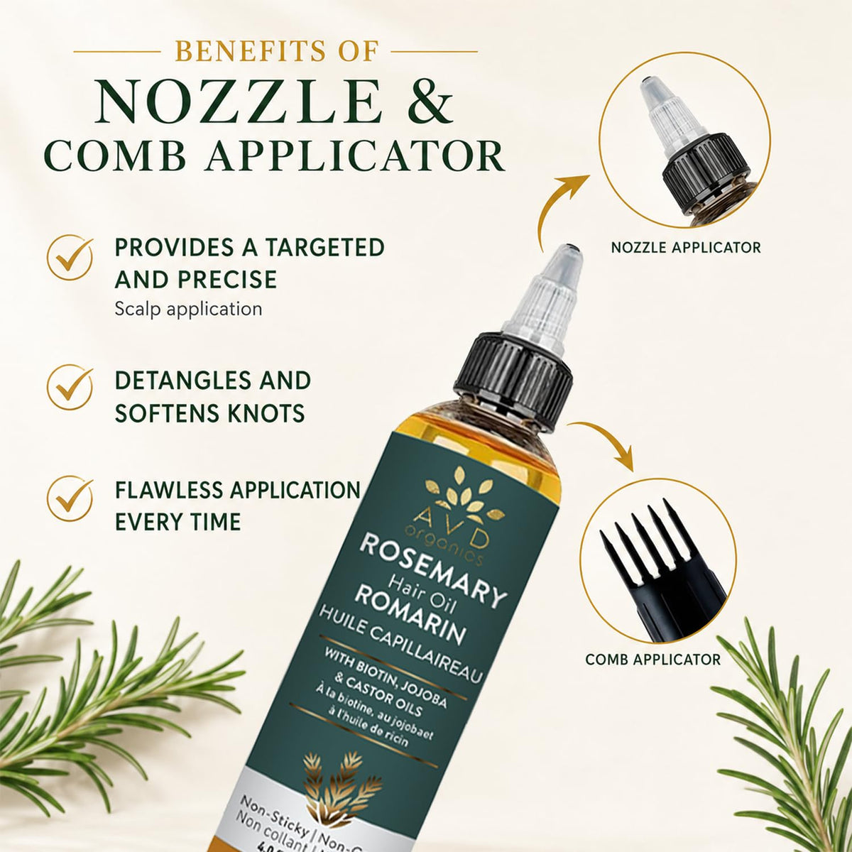 AVD ORGANICS Rosemary Oil for Hair Growth & scalp | Infused with Biotin | Hair Strengthening, Nourishing and Volumizing | infused with Jojoba & Castor Oil | NON - GMO 120ml