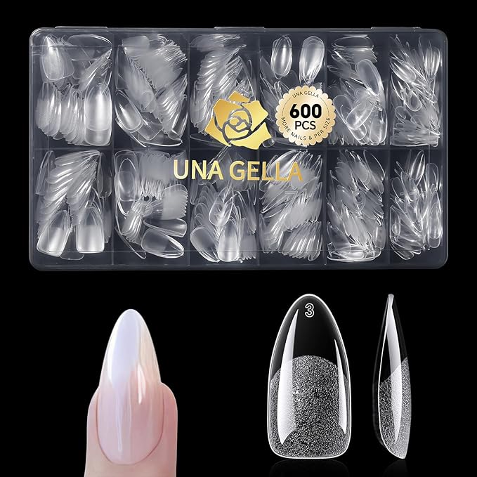 UNA GELLA 600 Pcs Almond Gel Nail Tips, Pre Etched Medium Almond Nail Tips