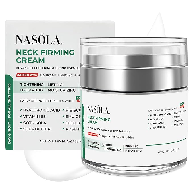Nasola Neck Firming Cream for Tightening & Lifting Saggy Skin with Retinol, Collagen, Hyaluronic Acid, Peptides & Jojoba Oil – Anti-Aging Neck & Décolleté Cream for Women & Men, 1.85 Fl Oz
