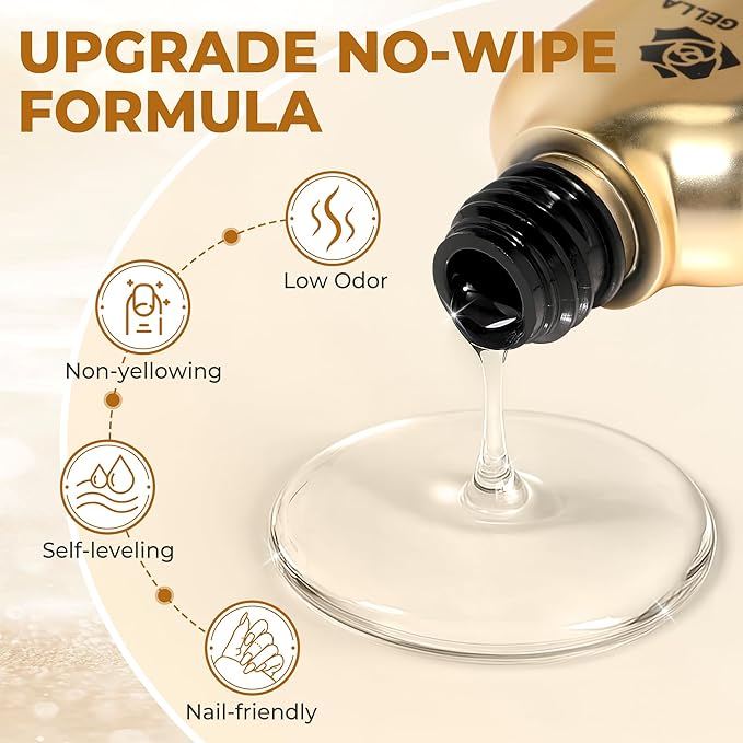 UNA GELLA No Wipe Gel Top Coat Base Coat Set, 2PCS Highly Glossy Top Coat Gel Nail Polish Strengthen and Acid-Free Clear Nail Base Soak Off, Key to Manicure for Her (U V Cure Need)