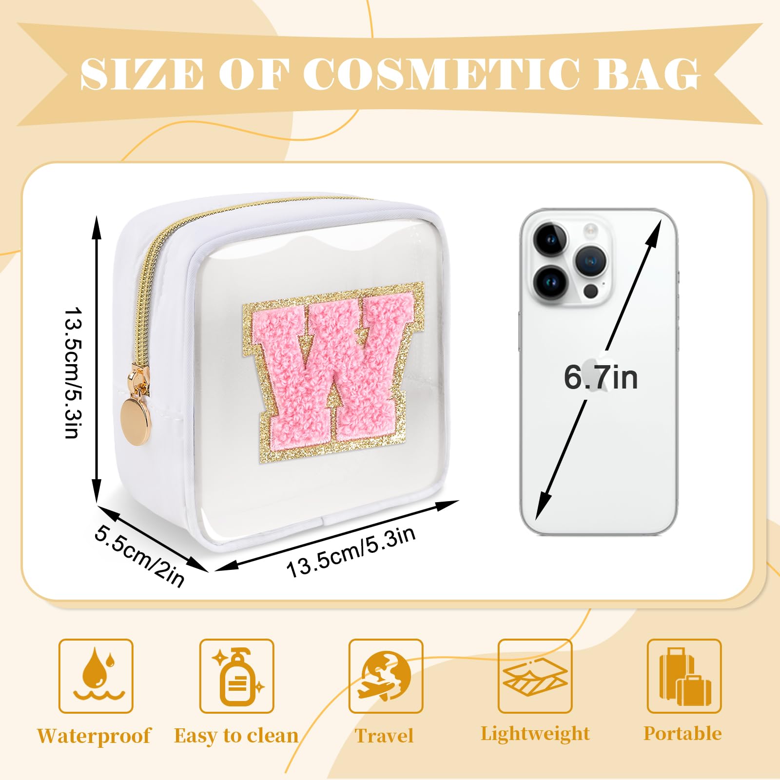 Personalized Initial Letter Clear Preppy Makeup Bag,Mini Nylon Chenille Letter Cosmetic Bag Cute Zipper Pouch Purse for Teen Girls,Portable TSA Approved Beach Travel Essentials Bag Gift for Women,W