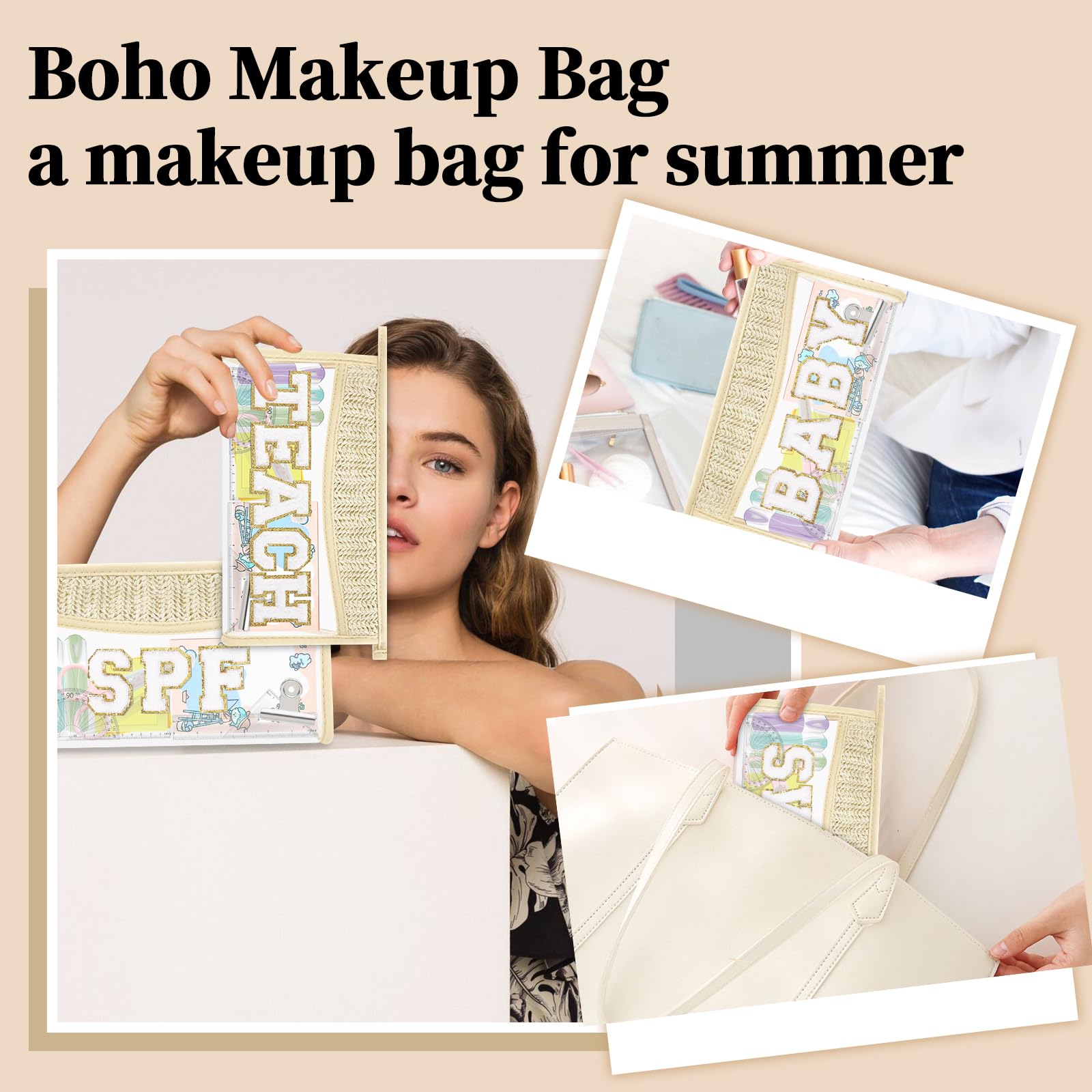Small Boho Straw Clear Baby Makeup Bags for Women&Girls, Zipper Cosmetic Bag Chenille Varsity Letter Patch Bag, Preppy Cute Toiletry Pouch, Trendy Organizer Storage Bag for Beach Travel Essentials