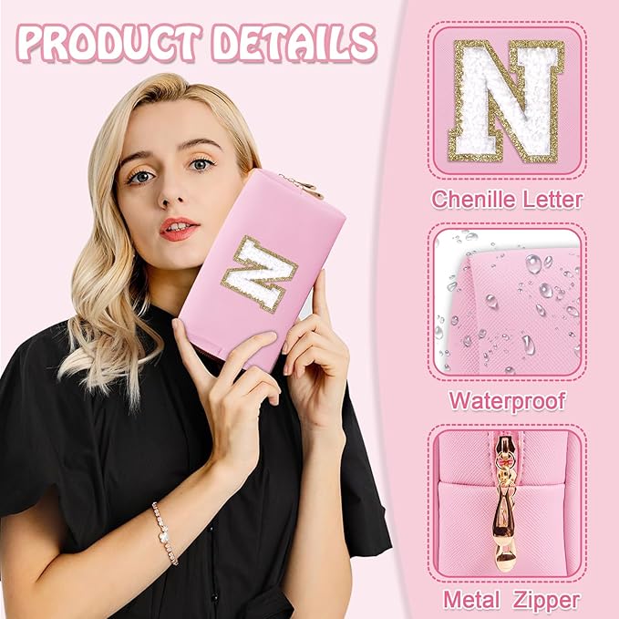 Chenille Letter Personalized Initial Preppy Makeup Bag, Small Travel Cute Pink Cosmetic Zipper Pouch Toiletry Bags, Waterproof PU Monogram Make Up Organizer Gift for Nurse Nieces Teacher(Letter N)
