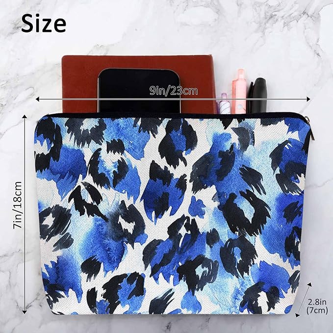Kalygon Leopard Print Makeup Bag For Women, Leopard Skin Adorable Cosmetic Bag Makeup Bags, Leopard Fur Zipper Bag Travel Bags Toiletry Organizers Pouch Bags Washing Bags For Gym Bathroom Blue Black